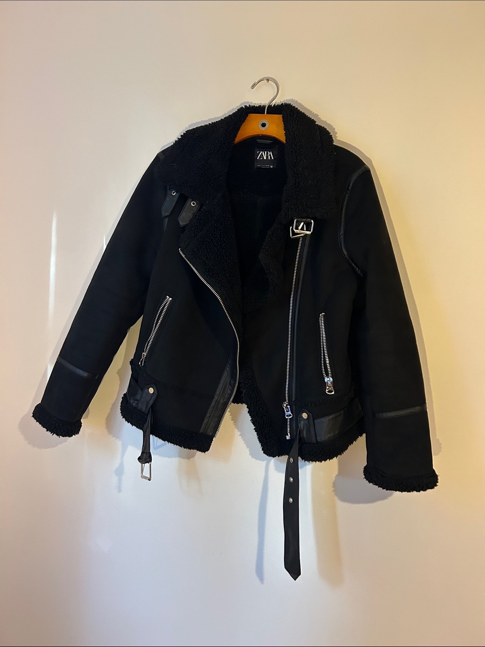 Zara Black Sherpa-Lined Moto Jacket with Silver Hardware